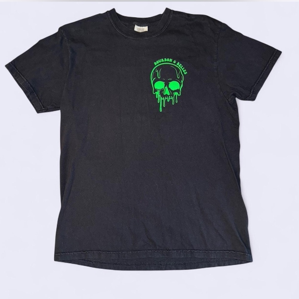 Black Long Short sleeve Tee with Green Skull Design